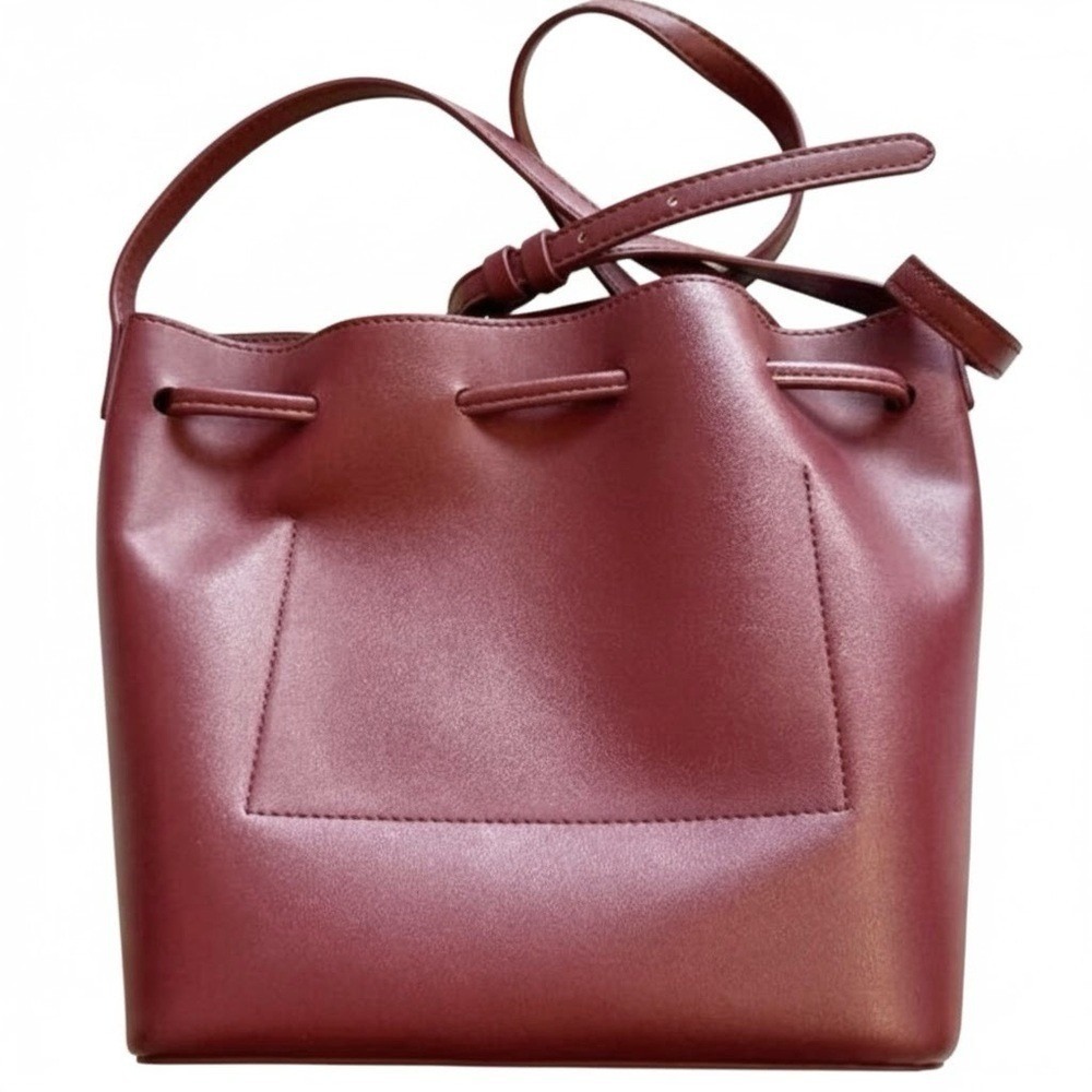 J. Crew Factory Burgundy Drawstring Crossbody Bucket Bag Tassel Maroon Wine - Picture 3 of 8